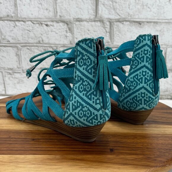 Minnetonka Merida II 71605 Womens 9 Teal Suede Aztec Wedge Gladiator Sandals - Picture 3 of 14